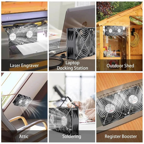 High Airflow 240mm Computer Fan Kit With Dual 120mm Fans for multiple applications including laser engraver, laptop dock, shed, and attic.