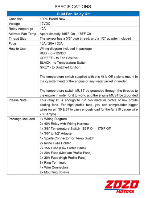 Specifications sheet for Dual Electric Fan Relay Kit For Radiator Cooling With Thermostat, Temperature Sensor, Plug And Play Wiring