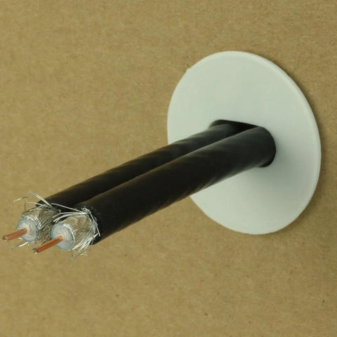Skywalker dual feed-through cable bushings, white plastic flange with two black cables.