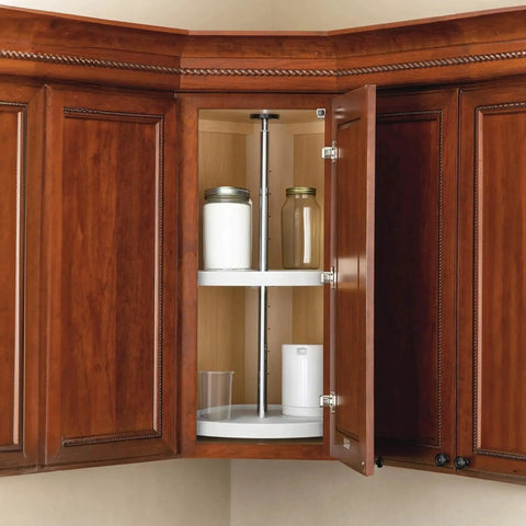 Dual 18 Inch Full Circle Lazy Susan Organizer in wooden upper corner cabinet with jars, showcasing 2-tier white plastic turntable shelves.