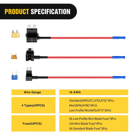 Add A Circuit Fuse Adapter Kit For 12V Cars Trucks And Boats With Dual Fuse Holders Standard And Mini TAP Blade Fuses Easy Tap Installation 10 Pack 3 Different Connector Types Blue Red Black 2 Year Warranty displayed.