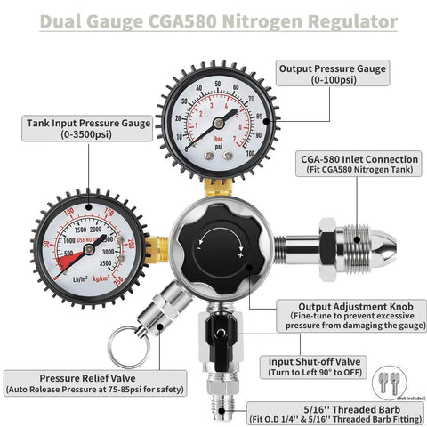 Draft Beer Nitrogen Regulator with Dual Gauges for Nitro Systems, CGA580, 0 to 3500 PSI Tank, 5/16 Inch Outlet, with Relief Valve
