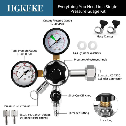 Diagram of High Pressure CO2 Keg Regulator With Dual Gauges For Your Home Kegerator Setup 0-120 PSI Output CGA 320 Beer And Soda Regulator