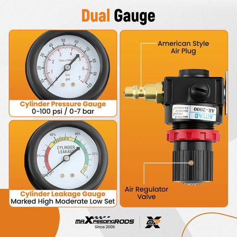 maXpeedingrods cylinder leak-down tester with dual gauges, American-style air plug, extension rod and regulator valve