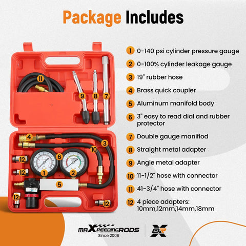 maXpeedingrods 12-piece cylinder leak-down tester kit in orange case with dual gauges, hoses and adapters