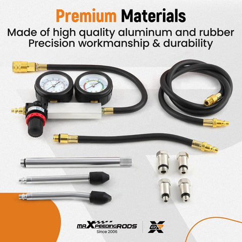 maXpeedingrods cylinder leak-down tester kit with dual gauges, hoses, and extension rod for gasoline engines