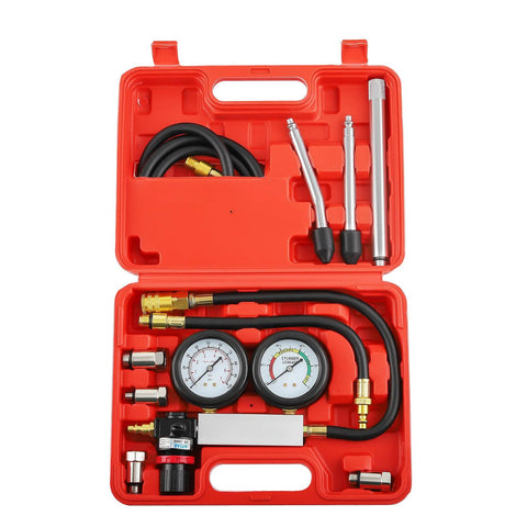 maXpeedingrods Cylinder Leak Down Tester Kit with dual gauges, hoses, and extension rods in a red carrying case