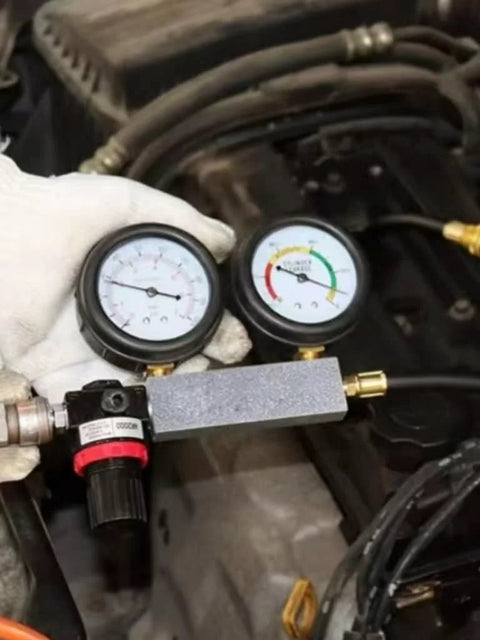 ZEAJSRU cylinder leak-down tester kit with dual gauges and regulator for gasoline engines, includes M10–M18 adapters.