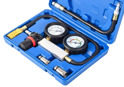 ZEAJSRU cylinder leak-down tester kit with dual gauges and regulator in blue case; M10-M18 spark plug adapters