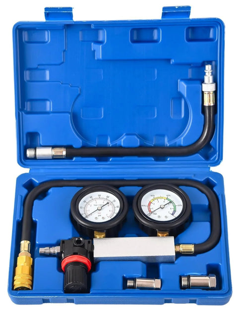 ZEAJSRU cylinder leak-down tester kit in blue case with dual gauges, pressure regulator, hoses, and M10-M18 spark plug adapters