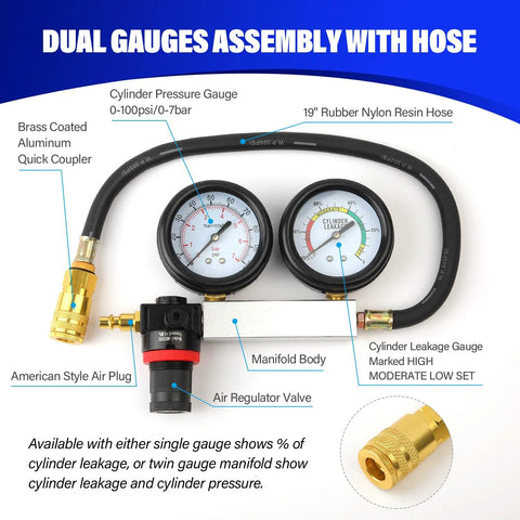 TU-21 engine cylinder leak-down tester kit with dual gauges and blue hose, Amazon brand.