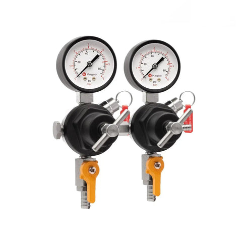 Dual Gauge Secondary Regulator for Two Kegs Dispensing From One CO2 Tank By Kegco, black finish, commercial grade, front view