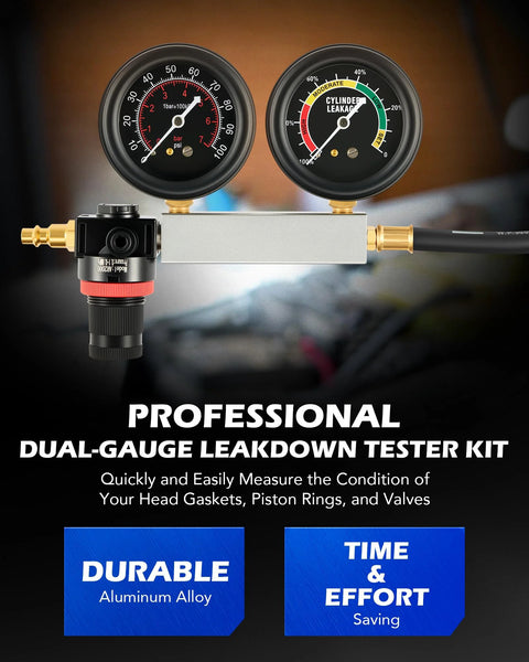 Orion Motor Tech cylinder leakdown tester kit with dual gauges, aluminum manifold and hose