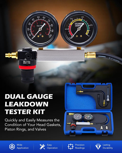 Orion Motor Tech cylinder leakdown tester kit with dual gauges, blue carrying case, and hoses.