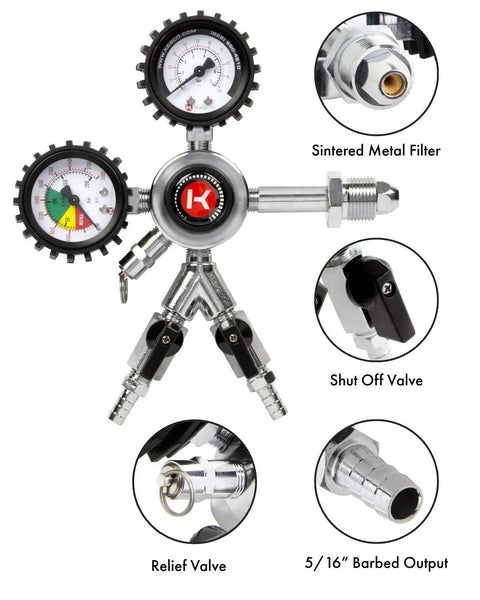 Premium Commercial Grade Dual Gauge Nitrogen Kegerator Regulator For Two-Product Output with Pro Grade Multi-Stage Pressure Control