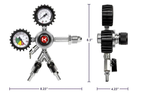 Premium Commercial Grade Dual Gauge Nitrogen Kegerator Regulator with two gauges and detailed size measurements