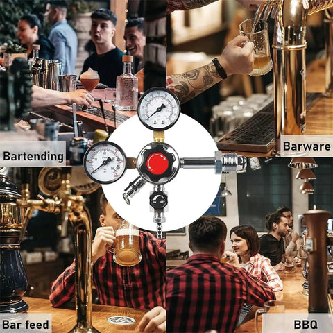 Dual Gauge Nitrogen Regulator For Draft Beer CGA-580 With Pressure Release Valve, shown with bar and beer tap systems.