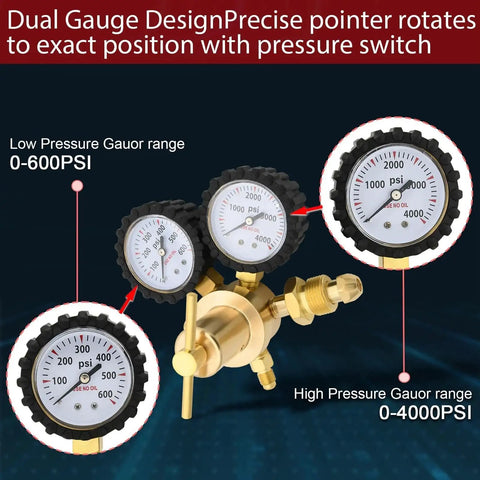 Nitrogen Regulator 0 To 600 PSI CGA580 Inlet One Quarter Inch Male Flare Outlet showing dual pressure gauges.