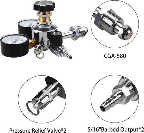 Dual Gauge Nitrogen Regulator CGA580 for Draft Beer Systems with Pressure Relief Valve and 5/16 Inch Barbed Outputs