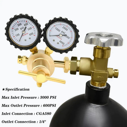 Nitrogen Regulator 0 To 600 PSI CGA580 Inlet One Quarter Inch Male Flare Outlet Heavy Duty Handle Self Reseating Relief Valve Ideal For HVAC Purging Inertization And Pressure Tests For Pros And DIY Brazing Soldering Tank Use, showcasing dual pressure gauges and brass valve on a tank connector.