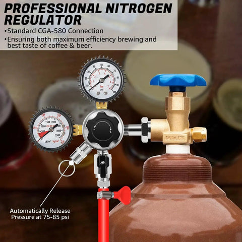 Nitrogen Regulator For Keg And Kegerator With Dual Gauges CGA 580 showing gauges connected to a keg in home brewing setup.