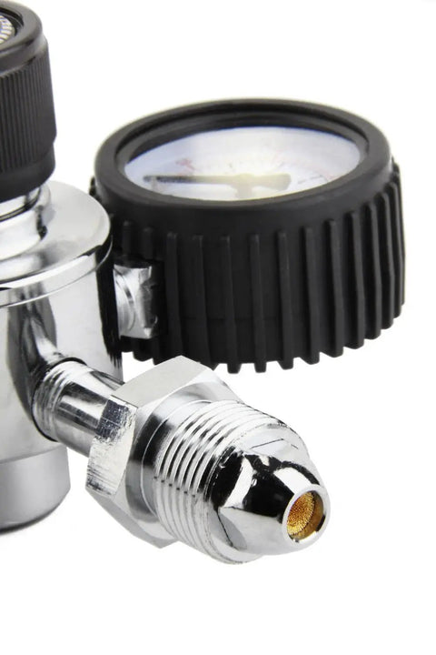 Close-up of Premium Commercial Grade Dual Gauge Nitrogen Kegerator Regulator showing pressure gauge and connector fitting