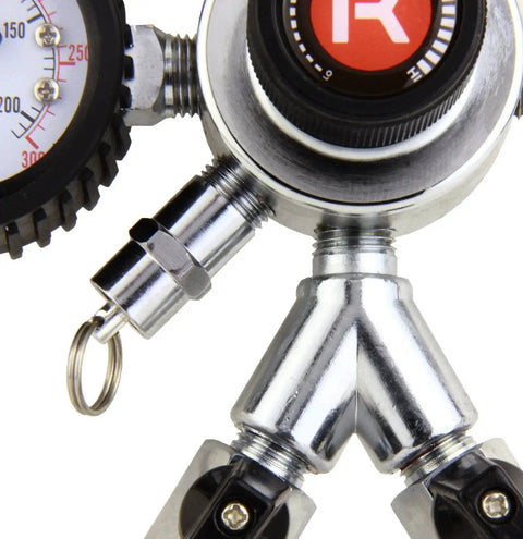 Close-up of Premium Commercial Grade Dual Gauge Nitrogen Kegerator Regulator For Two-Product Output With Pro Grade Multi-Stage Pressure Control