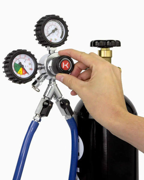 Premium Commercial Grade Dual Gauge Nitrogen Kegerator Regulator for Two-Product Output with Pro Grade Multi-Stage Pressure Control in use