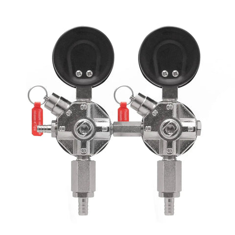 Front view of Dual Gauge Secondary Regulator for Two Kegs Dispensing From One CO2 Tank By Kegco Black Finish, commercial-grade.