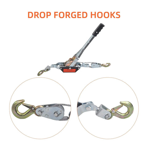 2 Ton Dual Gear Come Along Winch With Steel Cable 5mm 78 Inch Length 2 Hook Hand Puller showing close-up of drop forged hooks