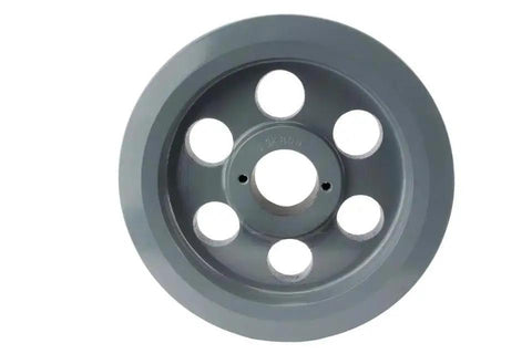 Efficient 7.75 inch dual groove cast iron pulley with a 1-1/8 inch bushing for B section 5L belts, front view of two-piece design