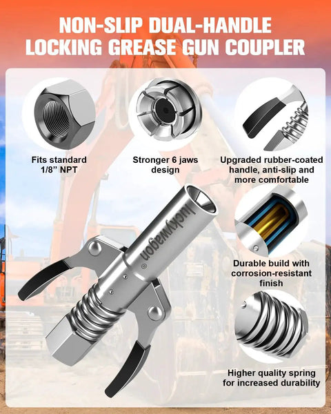 Diagram showcasing the Upgraded 6 Jaw Lock On Grease Gun Coupler with non-slip double handle and high pressure seal, highlighting features.