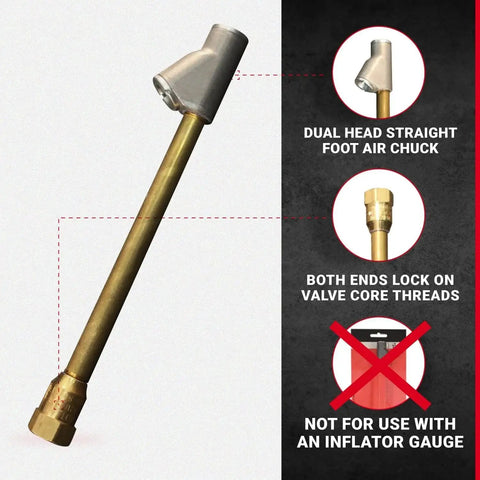 Rugged dual head straight air chuck tire gauge with 1/4 inch FNPT threads shown in brass finish, locks onto valve cores.