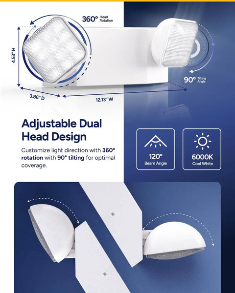 Six Pack LED Emergency Lights For Business With Backup Battery And 90 Minute Run Time, Wall Mount, Hard Wired, 120 To 277V, Fire Rated 94V-0 UL Listed, Ideal Commercial Office Safety Lighting Sunco with adjustable dual head design.