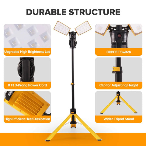 Upgraded 6290Pro 15000 Lumen 105 Watt Dual Head LED Work Light With Telescoping Tripod Stand Rotating Waterproof Lamps And 8 Ft 3 Prong Power Cord For Job Site Use Lutec, showing tripod and lamp features