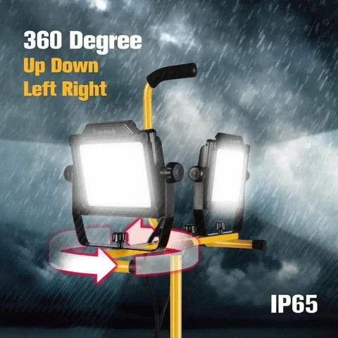 Beast Bright Dual Head LED Work Light With Tripod Stand, 180W 20000 Lumens, shown in 360-degree rotation in rainy weather
