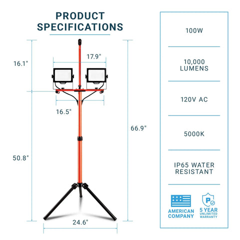 Heavy Duty Dual Head LED Work Light With Telescoping Tripod Up To 6 Ft Tall, 100W High Output, 10,000 Lumen Total, IP65 Waterproof
