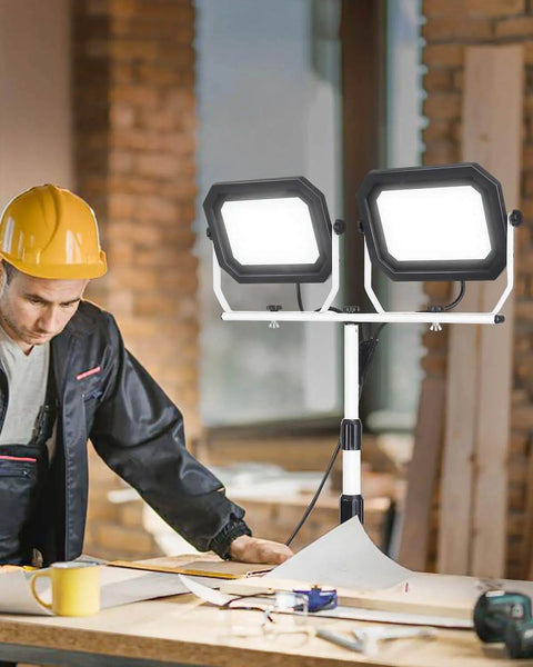 Dual Head 200W LED Work Light With Adjustable Telescoping Tripod Stand, 20000 Lumen And 10000 Lumen Brightness Options in workshop