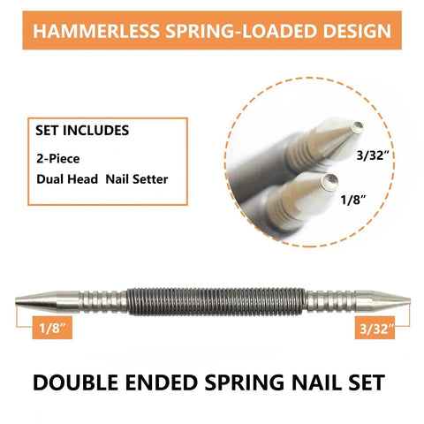 Two-Piece Dual Head Nail Setter with 3/32 and 1/8 inch heads delivers precise flush countersinking in finish carpentry