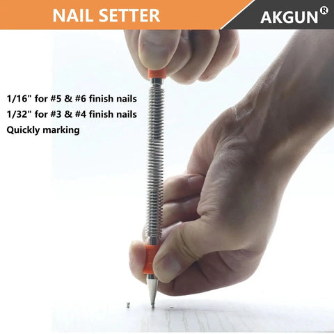 Using Two Piece Dual Head Nail Setter Kit With Hardened Steel Tips For Precise Wood Joinery Includes Sizes One Thirty Second Inch One Sixteenth Inch Three Thirty Second Inch And One Eighth Inch Hammerless Start And Flush Set Finish Nails In Wood on a wood surface.