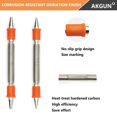 Two Piece Dual Head Nail Setter Kit With Hardened Steel Tips For Precise Wood Joinery Includes Sizes One Thirty Second Inch One Sixteenth Inch Three Thirty Second Inch And One Eighth Inch Hammerless Start And Flush Set Finish Nails In Wood, showing no-slip grip design and size marking.