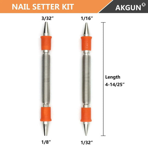 Front view of Two Piece Dual Head Nail Setter Kit With Hardened Steel Tips For Precise Wood Joinery showing tool sizes and length.