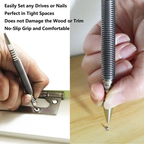 Two-Piece Dual Head Nail Setter with 3/32 and 1/8 inch heads being used on wood, showcasing precision flush countersinking in carpentry.