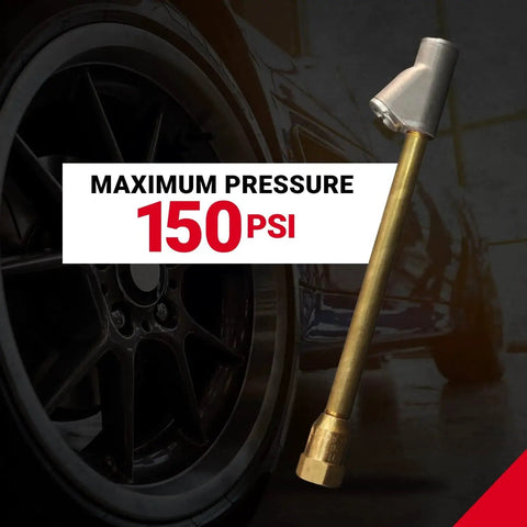 Rugged dual head straight air chuck tire gauge with 1/4 inch FNPT threads delivers fast, accurate pressure readings up to 150 PSI