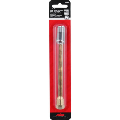 Rugged dual head straight air chuck tire gauge with 1/4 inch FNPT threads in packaging, for accurate pressure readings up to 150 PSI.
