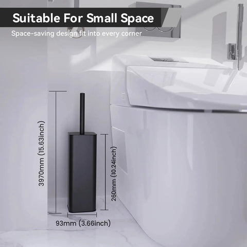 Dual Head Toilet Brush With Covered Holder For No Mess Bathroom Organization And Deep Cleaning, Stainless Steel 304 Durable Handle, Black finish next to toilet