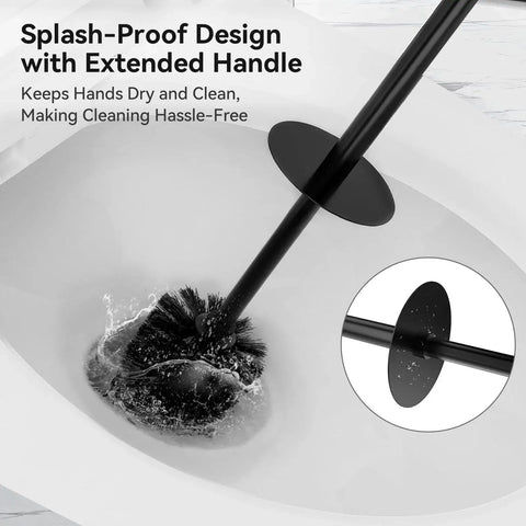 Dual Head Toilet Brush With Covered Holder For No Mess Bathroom Organization And Deep Cleaning, Stainless Steel 304 Non Rusting Durable Handle, Black Finish shown in bathtub with splash-proof design