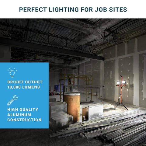 Heavy Duty Dual Head LED Work Light With Telescoping Tripod Up To 6 Ft Tall, 100W High Output, 10,000 Lumen Total in use at job site