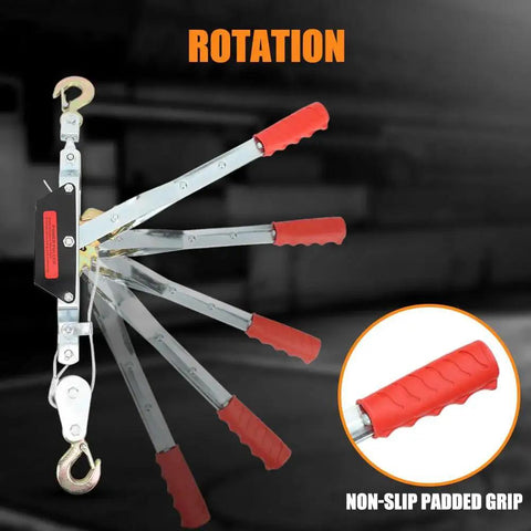 Heavy Duty Wire Rope Puller With Double Hook Lifting Tool Mini Tightener 4T showing handle rotation and non-slip grip