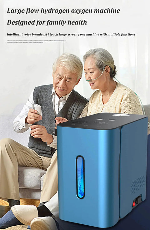 Elderly couple using dual user hydrogen inhalation machine with 99 99 percent high purity H2 PEM technology low noise water generator